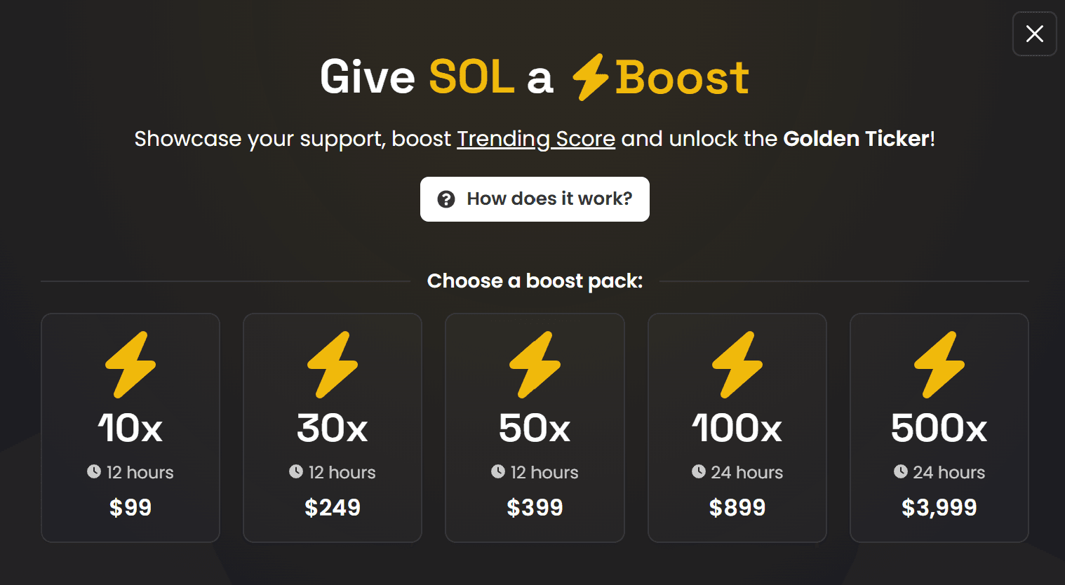 Official DEX Screener Boost checkout showing 10, 30, 50, 100, and 500 Boost packs with prices and durations